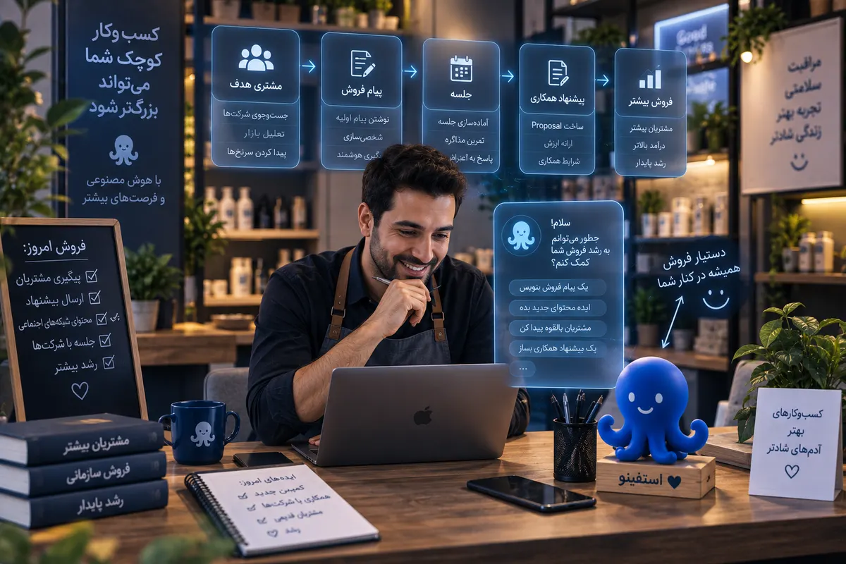 ۱۵ کاربرد هوش مصنوعی برای افزایش فروش صاحب کسبوکار در حال استفاده از هوش مصنوعی برای فروش، جذب مشتری و آمادهسازی پیشنهاد همکاری سازمانی