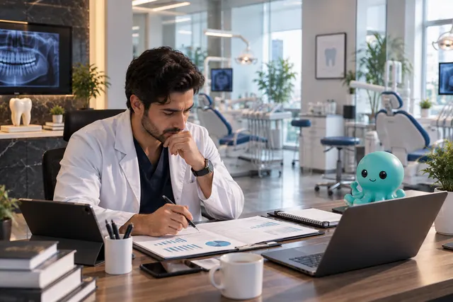 مدیر کلینیک دندانپزشکی در حال برنامه‌ریزی برای قرارداد با شرکت‌ها و جذب مشتری سازمانی