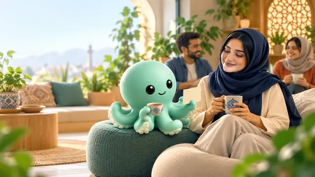 اختاپوس استفینو در کنار کارمندی با روسری در فضای آرام رفاهی