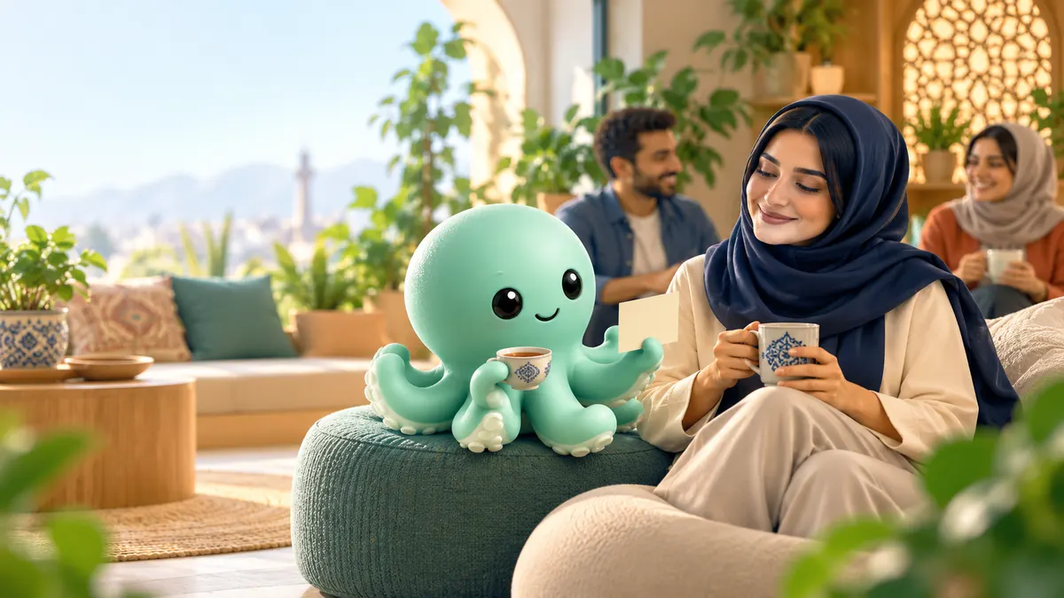 مزایای کارکنان برای کاهش استرس و فرسودگی شغلی اختاپوس استفینو در کنار کارمندی با روسری در فضای آرام رفاهی