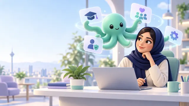 اختاپوس استفینو در کنار کارکنان و نمادهای هوش مصنوعی در محیط کار