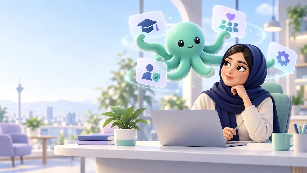اختاپوس استفینو در کنار کارکنان و نمادهای هوش مصنوعی در محیط کار